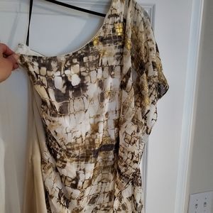 Gold and White Bebe dress, one shoulder